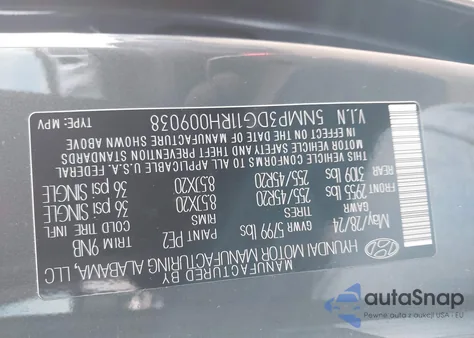 2024 Hyundai Santa Fe Hybrid Limited z USA, uszkodzony, nr VIN 5NMP3DG11RH009038